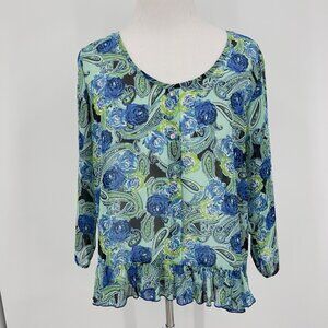 Jody California Womens Floral Paisley Sheer Ruffle Hem Blouse Top XL X-Large